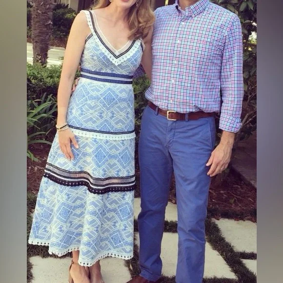 GIANNI BINI Mona Tiered Crochet Lace Blue & White Midi Dress - Picture 5 of 15